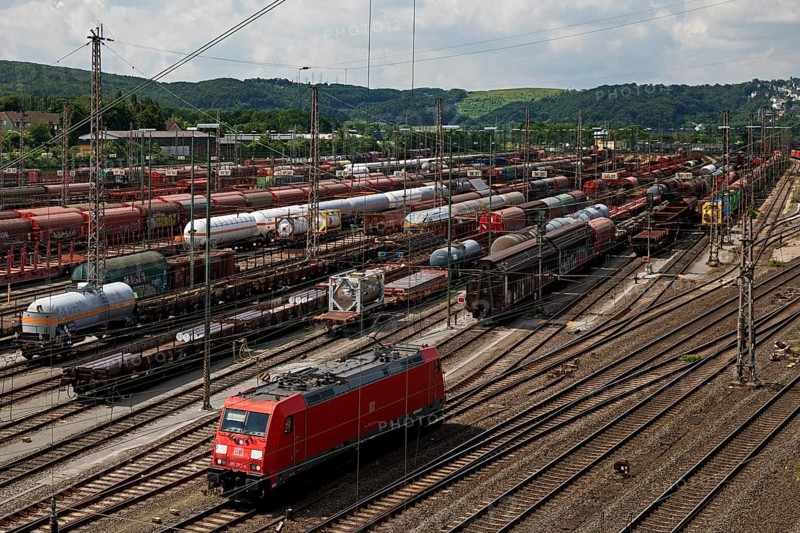 Train formation yard in the Vorhalle district with locomotive, marshalling yard, goods trains, Hagen, Ruhr area, North Rhine-Westphalia, Germany, Europe