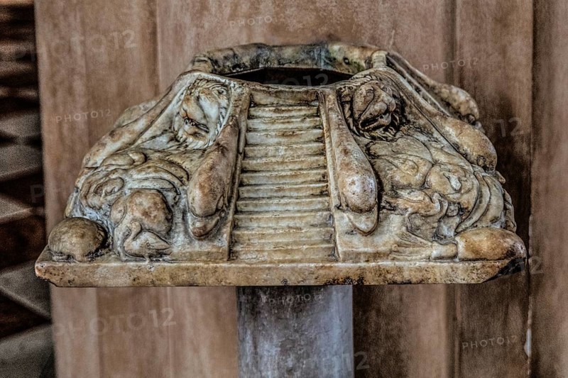 Holy water font from the 1st century, Cathedral of Santo Stefano Protomartire, Basilica Paleocristiana under the cathedral Concordia Sagittaria, medieval old town, Veneto, Friuli, Italy, Concordia Sagittaria, Veneto, Italy, Europe