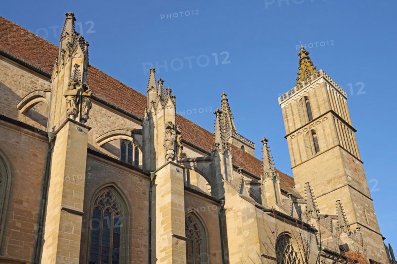 Gothic St Jacob's Church, St Jacob's Church, view from below, Rothenburg ob der Tauber, Tauberfranken, Franconia, Bavaria, Germany, Europe