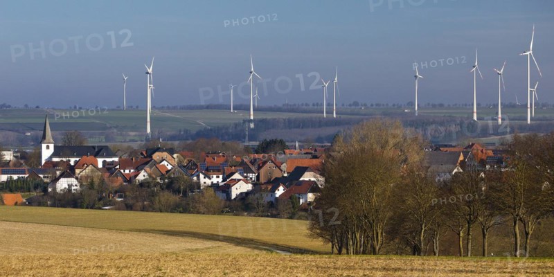 Sintfeld wind farm behind the village of Fürstenberg, Bad Wünnenberg, Paderborn plateau, North Rhine-Westphalia, Germany, Europe