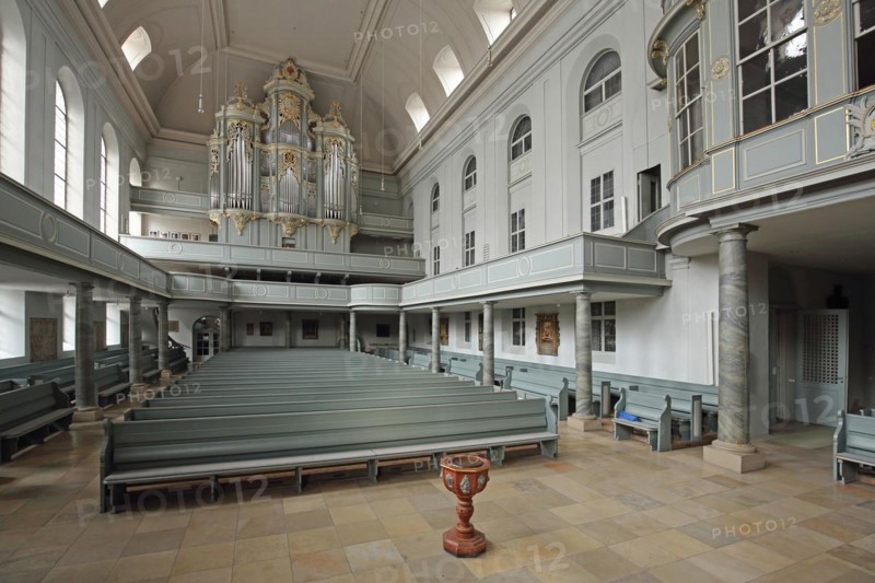 Interior view with organ, gallery, baptismal font and empty pews, St Gumbert's Church, Ansbach, Middle Franconia, Franconia, Bavaria, Germany, Europe