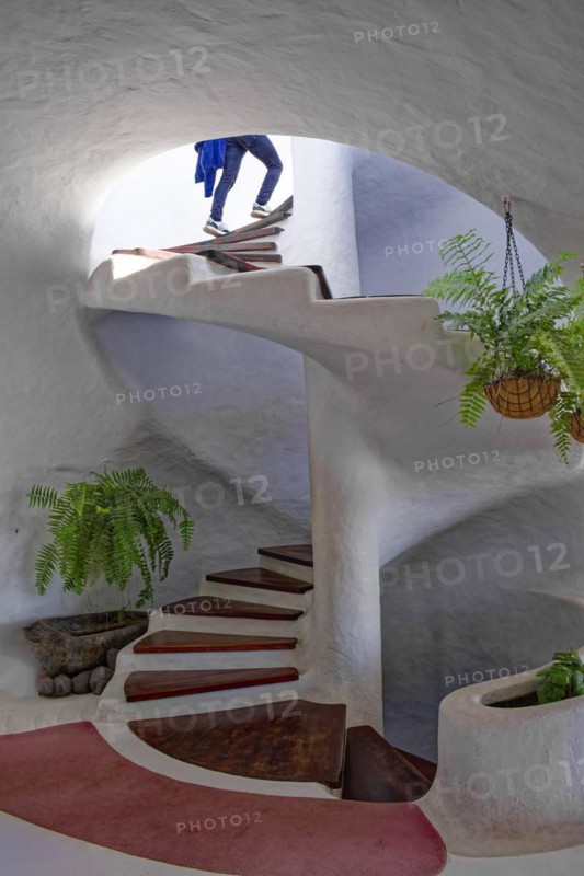 Staircase, Mirador del Río viewpoint designed by the artist César Manrique, interior view, Lanzarote, Canary Islands, Canary Islands, Spain, Europe