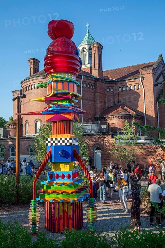 Detroit, Michigan, The opening of the new Shepherd art gallery, a project of the Library Street Collective. The gallery is housed in the old Good Shepherd church, which closed in 2016. The surrounding grounds include a sculpture garden, which features The Mothership Connection, a sculpture by Zak Ové