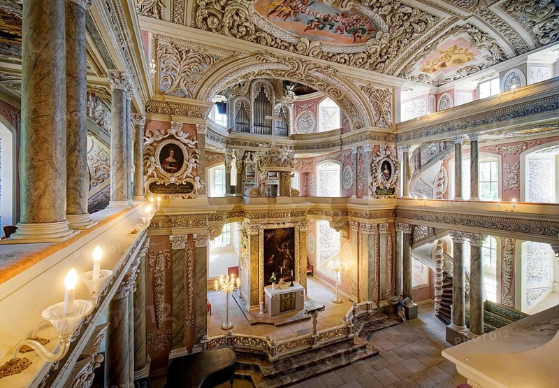 Chancel with the two-storey organ, baroque church, baroque castle church of St Trinitatis at Christiansburg Castle, interior view, Eisenberg, Saale-Holzland district, Thuringia, Germany, Europe