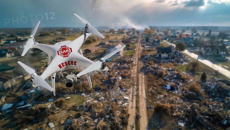 Quadcopter UAV search and rescue SAR drone flying A search above A tornado path of destruction, AI generated