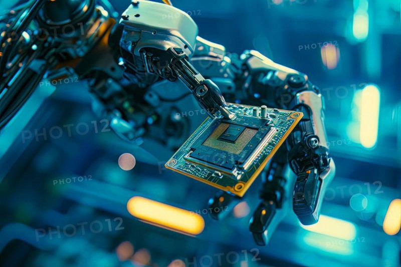 Futuristic Android robot holding advanced processor chip, a concept of big data and AI, AI generated