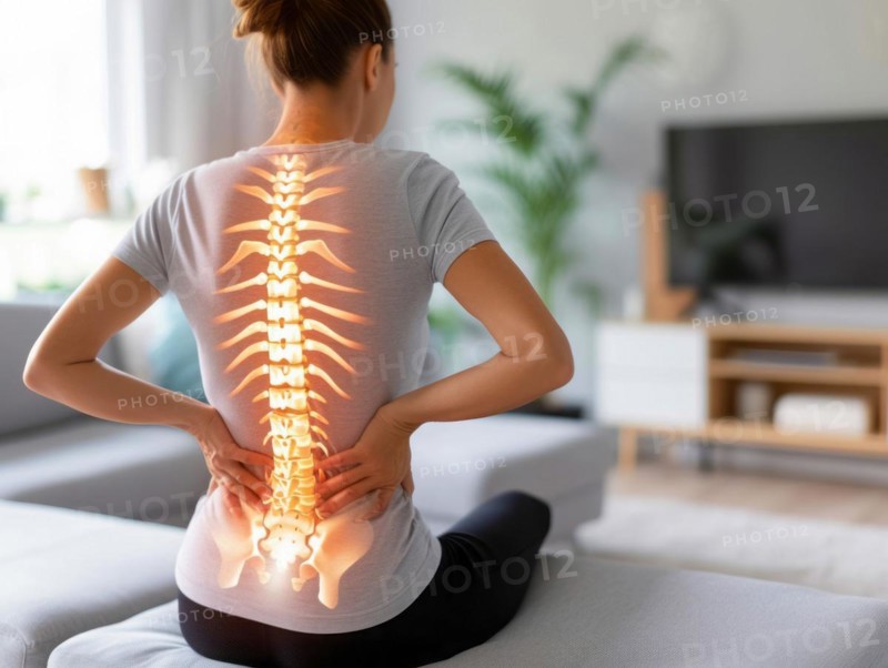 Back lower lumbar pain rheumatism from injury, inflammation, arthritis or chronical overuse, AI generated