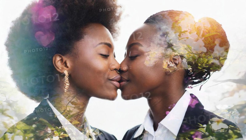 Two women are kissing each other.. Scene is romantic and intimate, AI generated