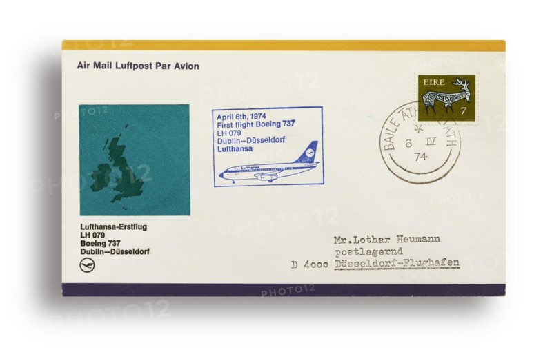 First flight letter, first flight cover, Lufthansa first flight LH079 with Boeing 737 from Dublin, Ireland, to Düsseldorf, Germany, on 6 April 1974, Europe