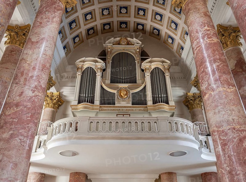 Organ gallery in St Elisabeth's Church, construction started in 1785, completed in 1903, Nuremberg, Middle Franconia, Bavaria, Germany, Europe