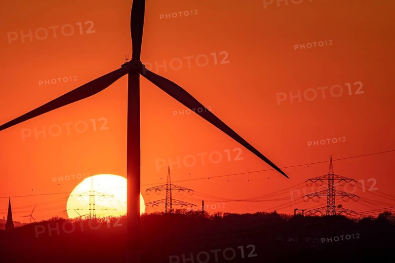 Emschergenossenschaft wind turbine, view to the west, in Essen, sunset, North Rhine-Westphalia, Germany, Europe