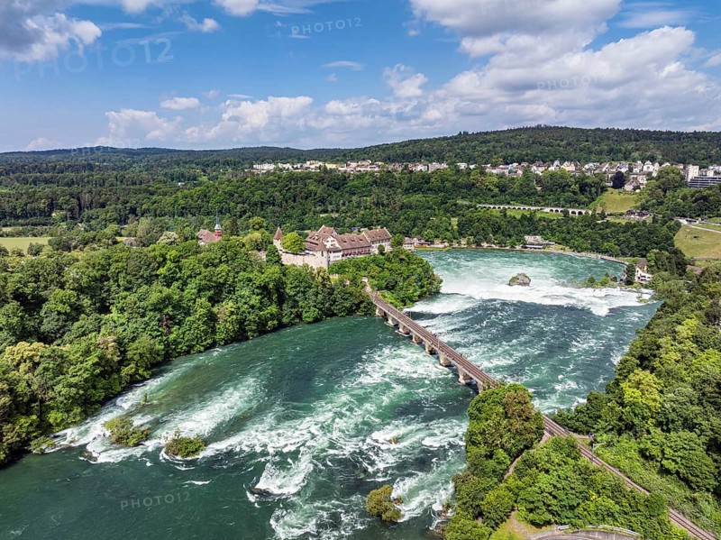 Aerial view of the Rhine Falls with railway viaduct and Laufen Castle, Neuhausen, Canton Schaffhausen, Switzerland, Europe