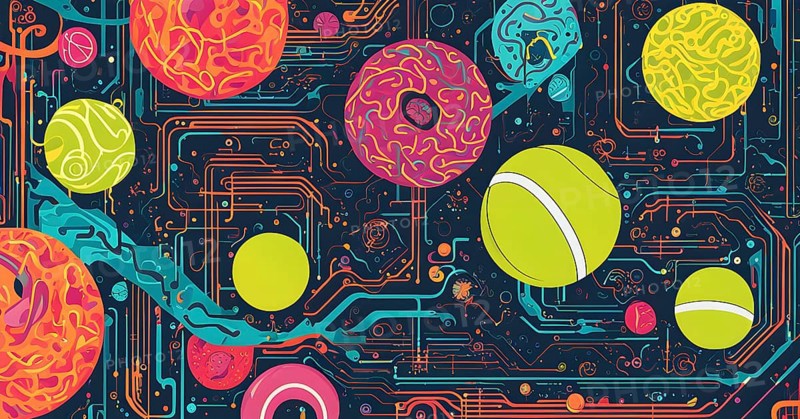 Vibrant mix of abstract circuitry intertwined with tennis balls, representing AI role in personalized sports training, AI generated