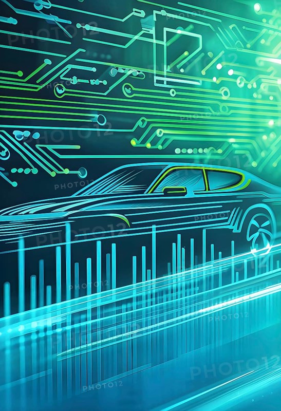 Sport car silhouette with vibrant green dynamic lines showing motion, surrounded by data streams, AI generated