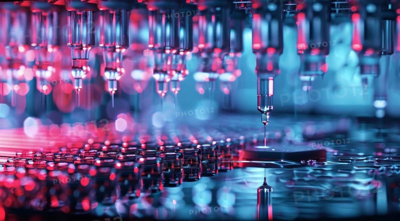 Vials and medicine bottles on conveyor belt. Medicine mass production. Health and health care, AI generated