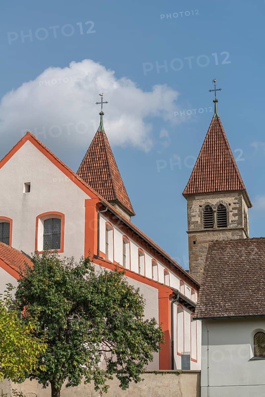 Collegiate Church of St Peter and Paul, Niederzell, Reichenau Island, double tower, nave, Lake Constance, Baden-Württemberg, Germany, Europe