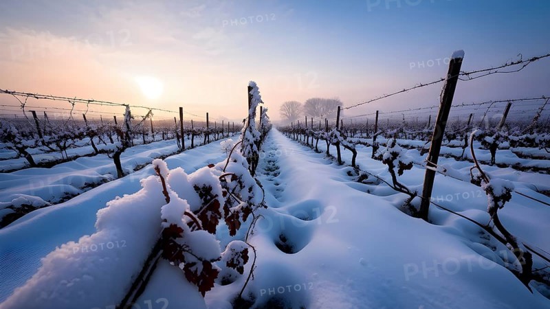 AI generated winter in the vineyard with snow blankets dormant vines and ambient light