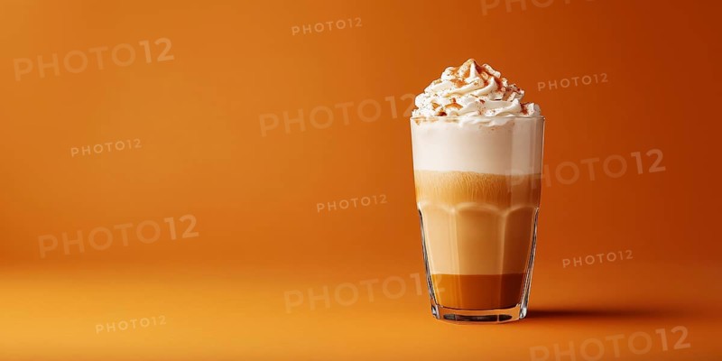 Banner with seasonal pumpkin spice latte on orange background with copy space. Generative Ai, AI generated