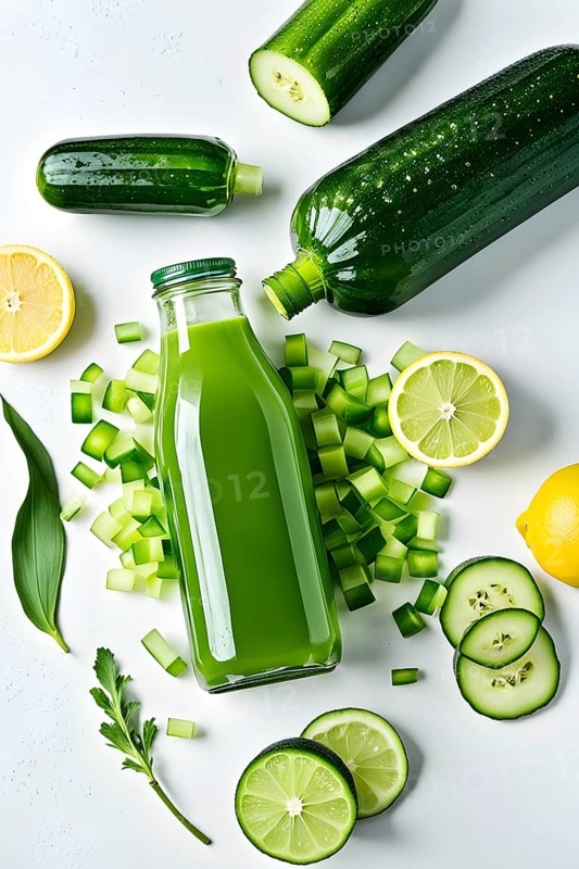 Minimalist lay flat composition of a bottle of vibrant green detox juice surrounded by green fruit and vegetables, AI generated