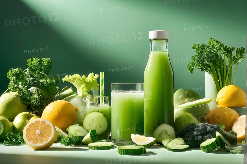 Bottle of vibrant green detox juice surrounded by green fruit and vegetables, AI generated