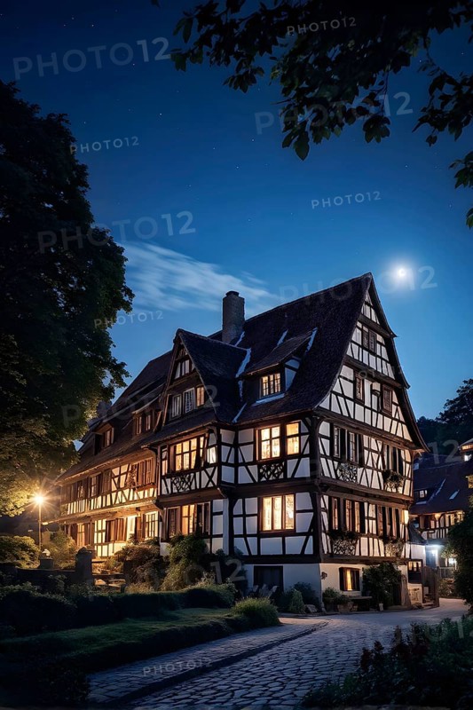 Traditional half timbered house nestled within the heart of a picturesque village at night, AI generated