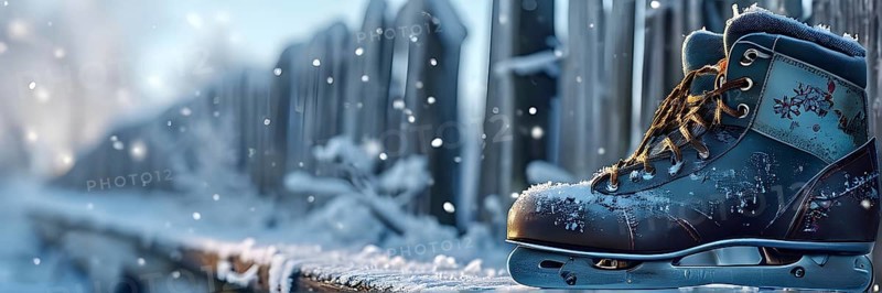 Pair of vintage ice skates hanging by their laces on an old wooden fence with frost and snow gently settled on the blades, AI generated