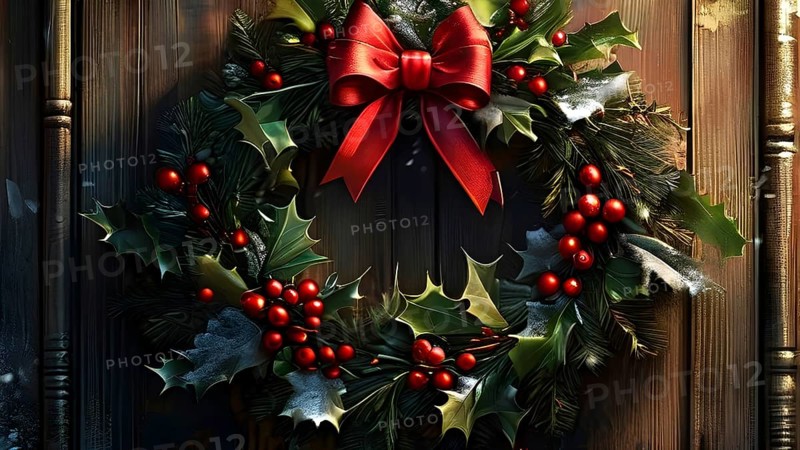 Classic holiday wreath with frosted holly leaves hanging on a rustic wooden door, AI generated
