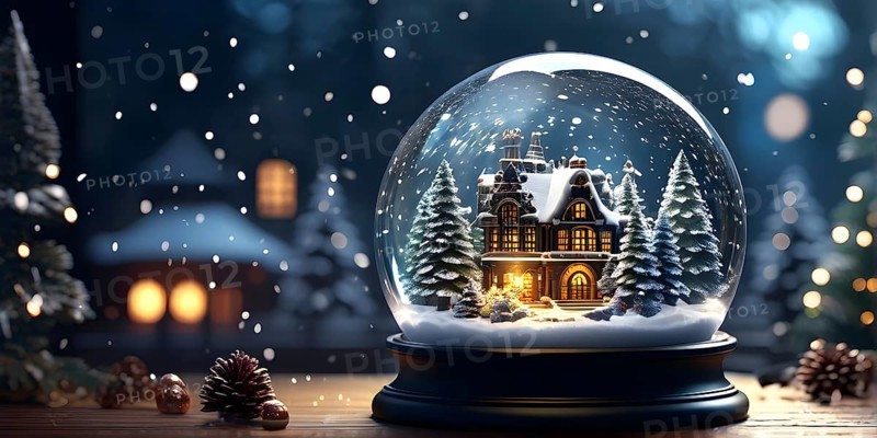 Winter Wonderland in Glass Ball Snow Globe on table and blurred bokeh background, AI generated