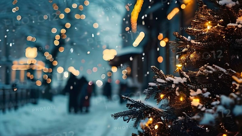 Christmas Eve with snowflakes fall under the light of a streetlamp with a decorated tree in the background, AI generated