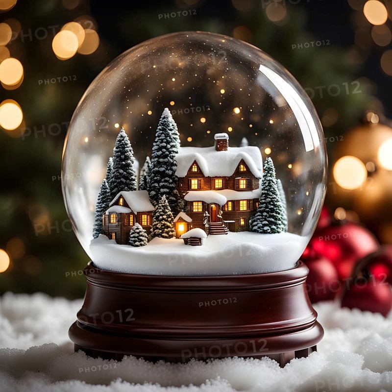 Snow globe with a tiny festive village inside, capturing the swirling snow and the light reflections on the glass dome, AI generated