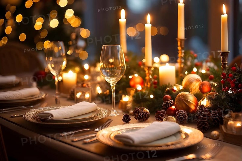 Close up of Christmas dinner table with traditional festive foods and ambient candlelight, AI generated