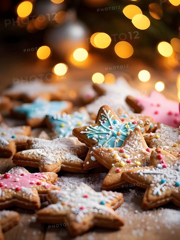 A detailed shot of Christmas cookies on a wooden table, featuring star-shaped cookies with colorful icing, sprinkles, and powdered sugar, AI generated