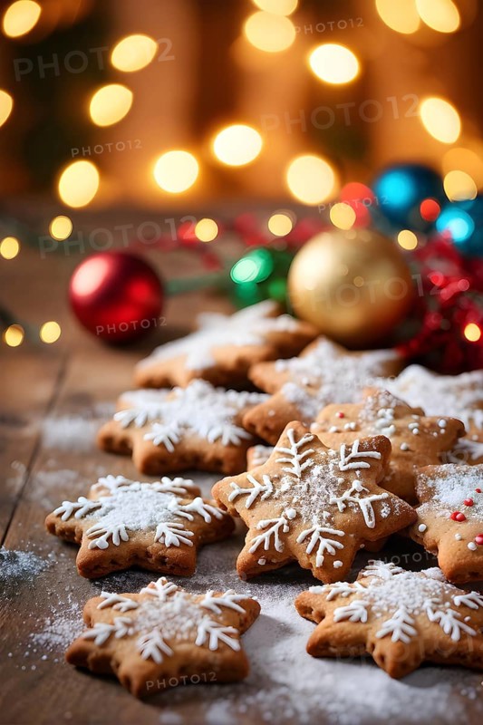 A detailed shot of Christmas cookies on a wooden table, featuring star-shaped cookies with colorful icing, sprinkles, and powdered sugar, AI generated
