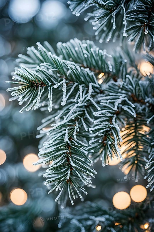 Detailed shot of frosted pine branches with twinkling fairy lights and icicles hanging, creating a sparkling wintery effect, AI generated