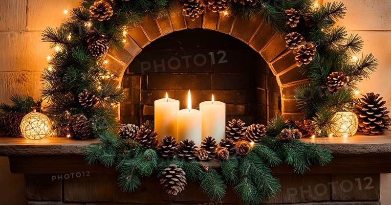 A cozy fireplace mantle decorated with pine cones, garlands, and lit candles, with a close-up focus on a burning candle flame, AI generated