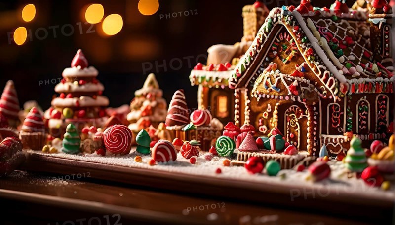 Gingerbread house decorations, focusing on the intricate icing details, colorful candy, and soft, warm light creating a cozy festive ambiance, AI generated