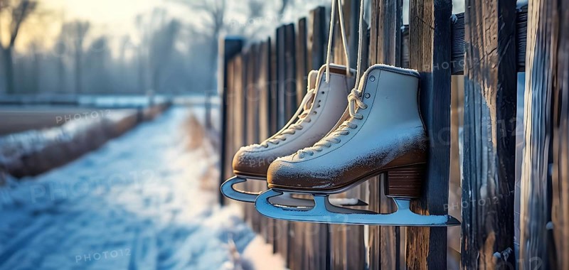 Pair of vintage ice skates hanging by their laces on an old wooden fence with frost and snow gently settled on the blades, AI generated