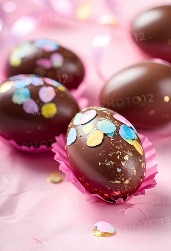 Small chocolate Easter eggs wrapped in shiny foil, placed on a bed of shredded pastel-colored paper, AI generated