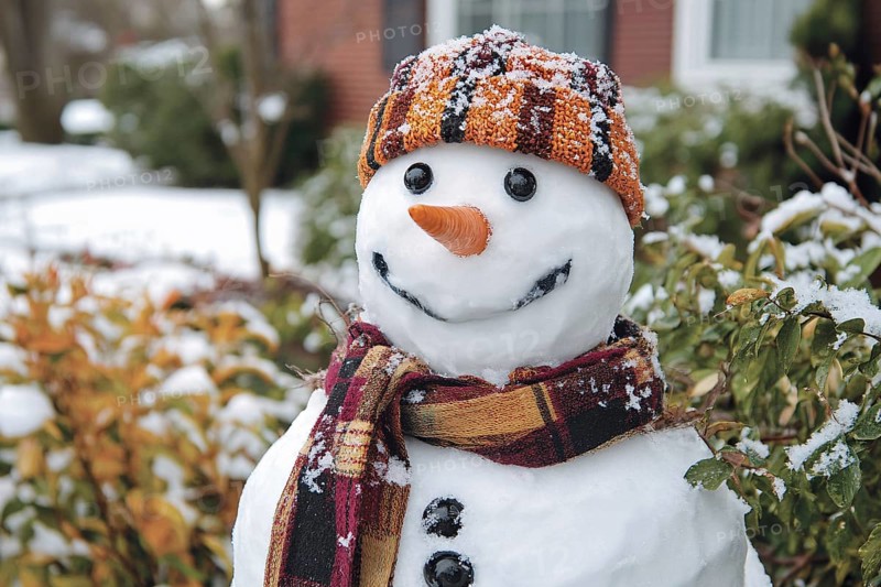 Snowman with carrot nose, scarf and hat in garden covered in snow in winter. Generative Ai, AI generated