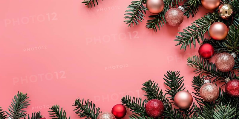 Christmas flatlay with red and pink colored tree baubles with white fir branches on pastel background with copy space.. Generative Ai, AI generated