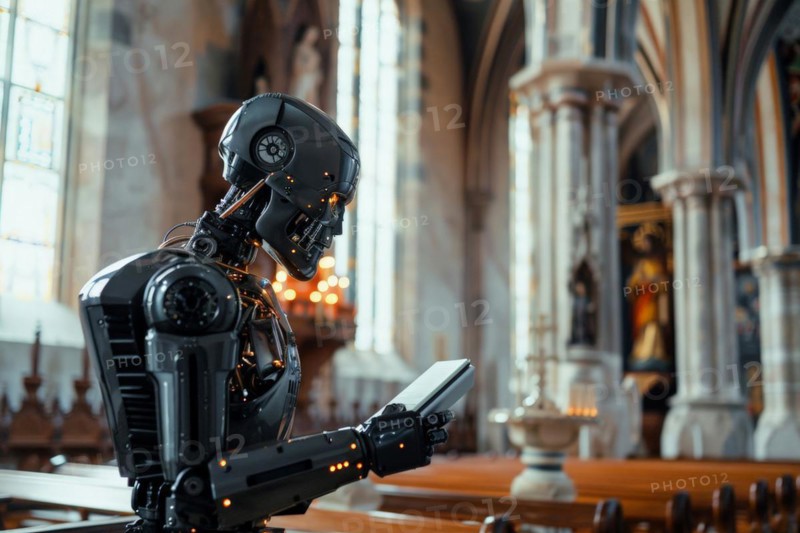 Humanoid reads between pews in a church, vision of the future, science fiction, AI generated, AI generated, AI generated