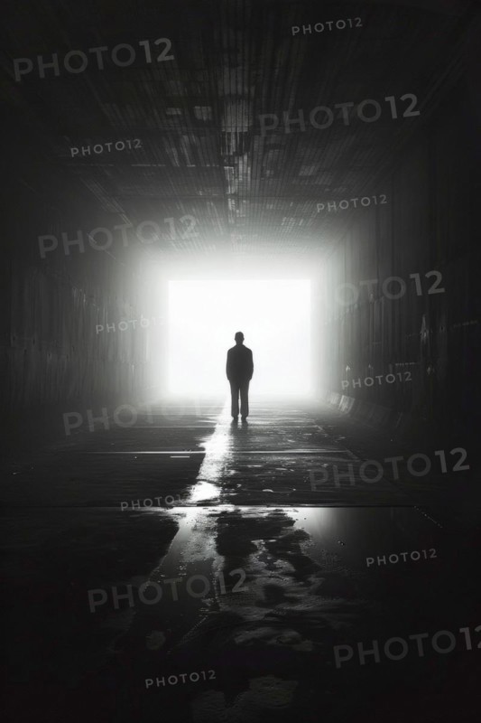 Silhouette of a man standing in a tunnel, light at the end of the tunnel, symbolic image for near-death experience, death, psychology, threat, danger, fear, trauma, parapsychology, AI generated, AI generated, AI generated