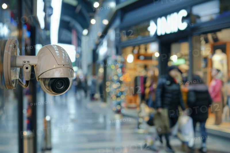 Camera for surveillance in a shopping mall. Monitoring of critical infrastructures such as publicly accessible rooms and areas, CCTV, AI generated, AI generated, AI generated