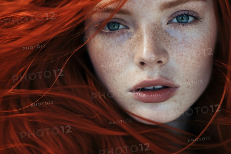 Wave of beautiful young woman with fire red hair and freckles on skin. KI generiert, generiert, AI generated