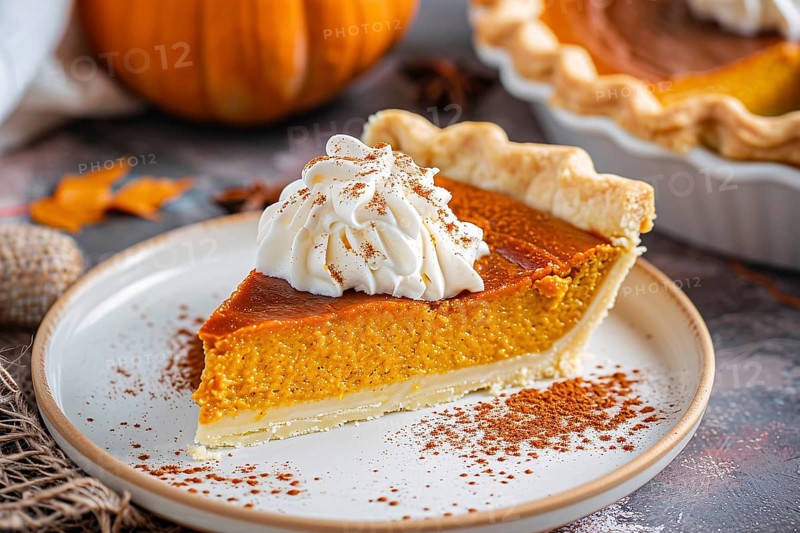 Single slice of pumpkin pie with cream on plate. Generative Ai, AI generated