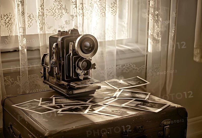 Vintage film camera surrounded by black and white photos in soft sunlight, AI generated