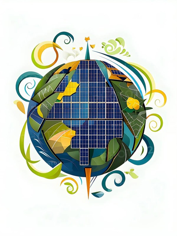 Illustration of a globe composed of triangular solar panels and swirling wind patterns, symbolizing global renewable energy, AI generated