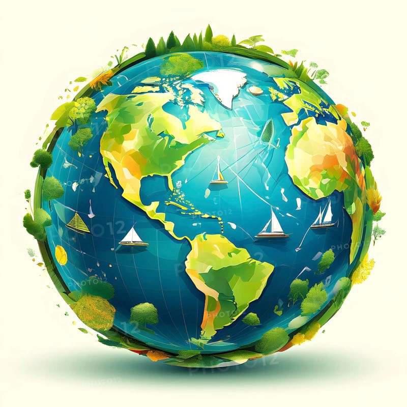 Illustration of a globe composed of triangular solar panels and swirling wind patterns, symbolizing global renewable energy, AI generated