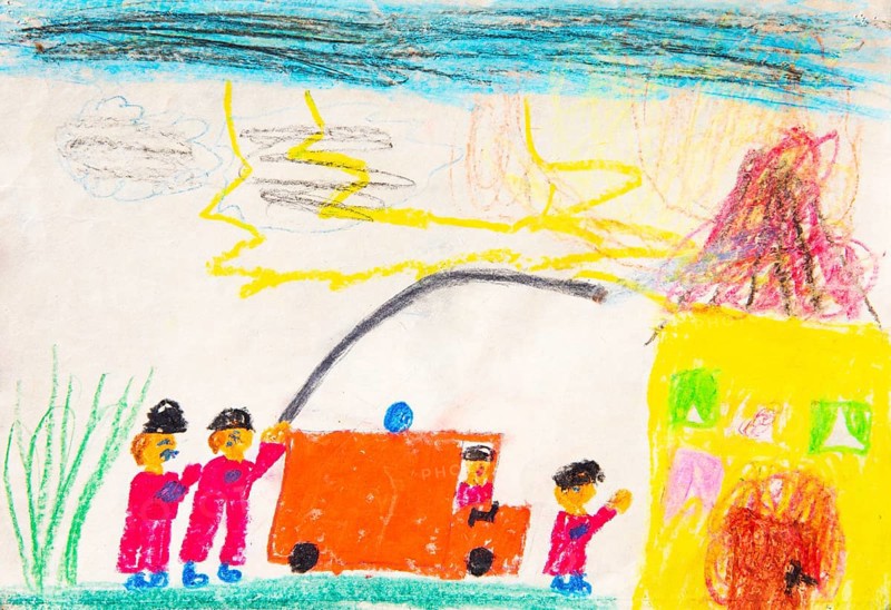Naive illustration, children's drawing, fire brigade extinguishing a house