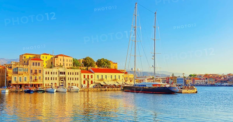 View of the old Venetian Harbour, Chania, Crete, Greek Islands, Greece, Europe